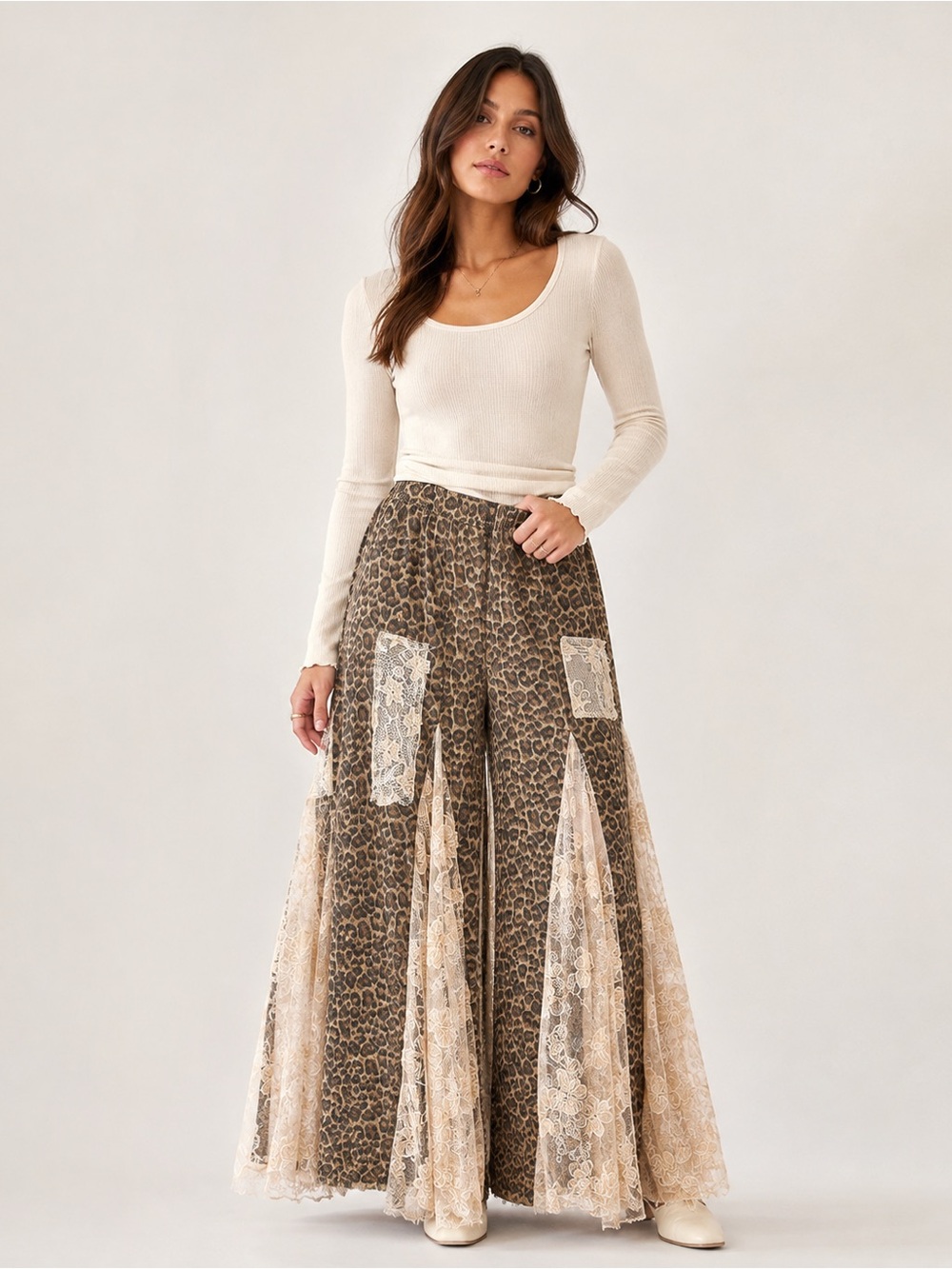 Blue Velvet Leopard Lace Patchwork Wide Leg Pants – Boho Western - Picture 2 of 2